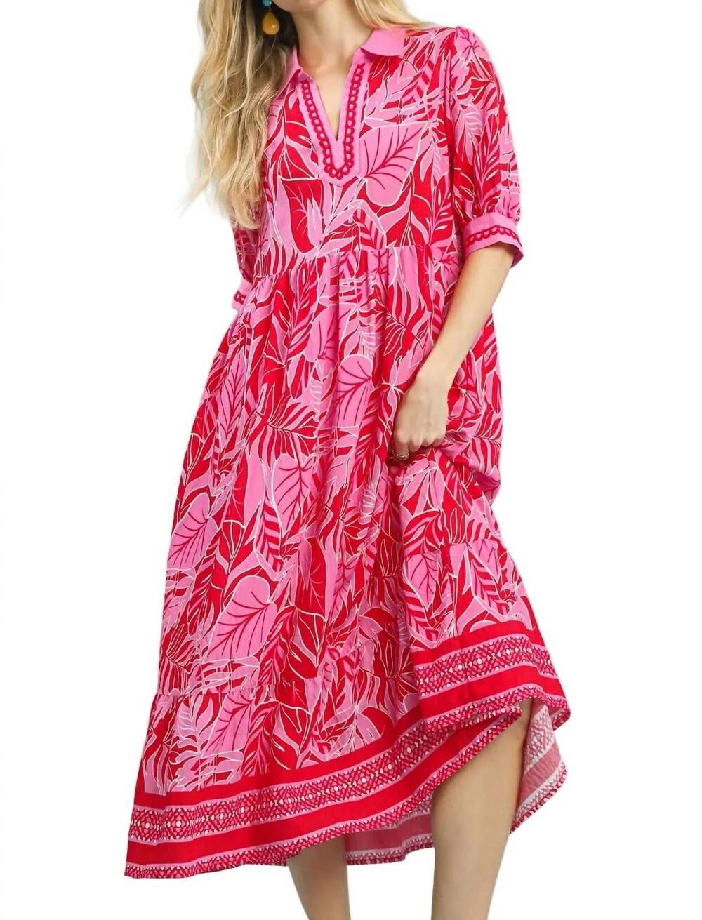 NEW UMGEE leafy border print midi dress in red
